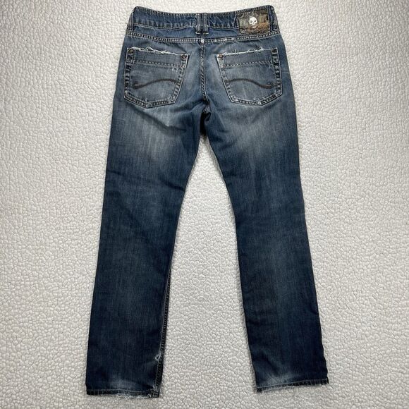 ZARA Jeans Men’s 31x32 Blue Distressed Denim Whiskering Skull Patch Grunge Punk - Picture 5 of 13